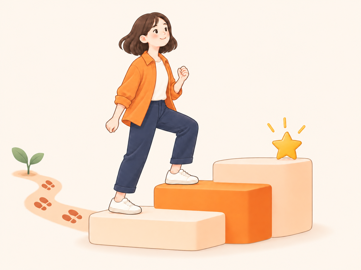 小さな芽から続く足あとをたどり、星を目指して階段を一歩ずつ上がる人物のイラスト