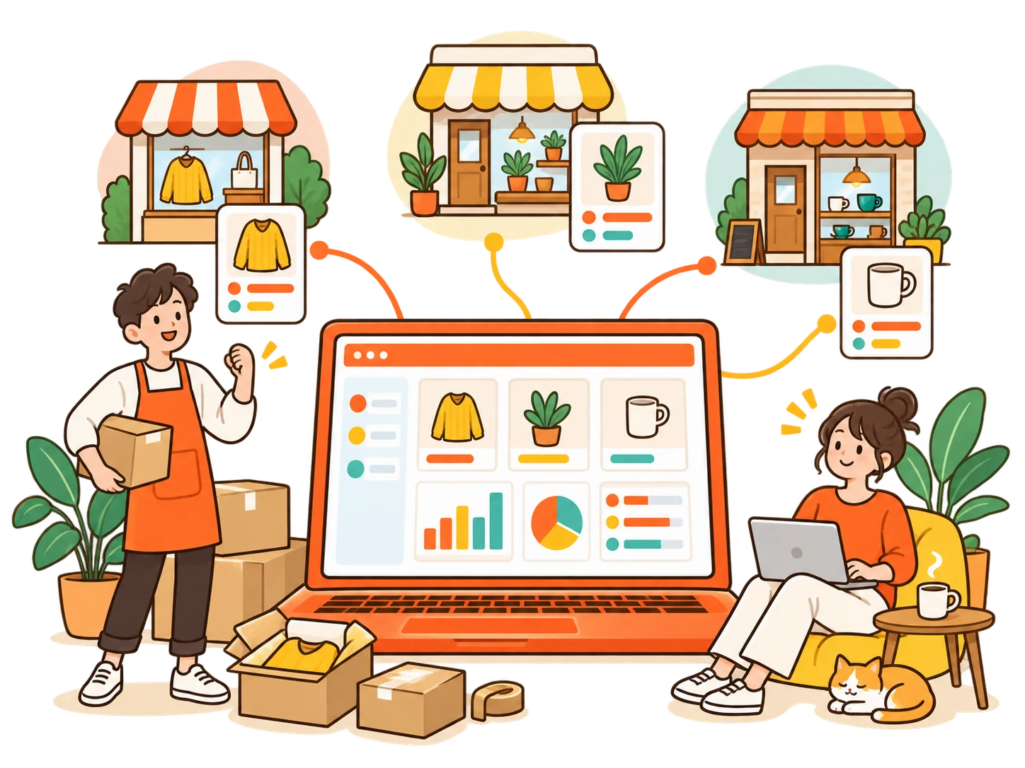 Shopeeの複数店舗と商品を、ひとつの管理画面でつなぐセラーたちのイラスト