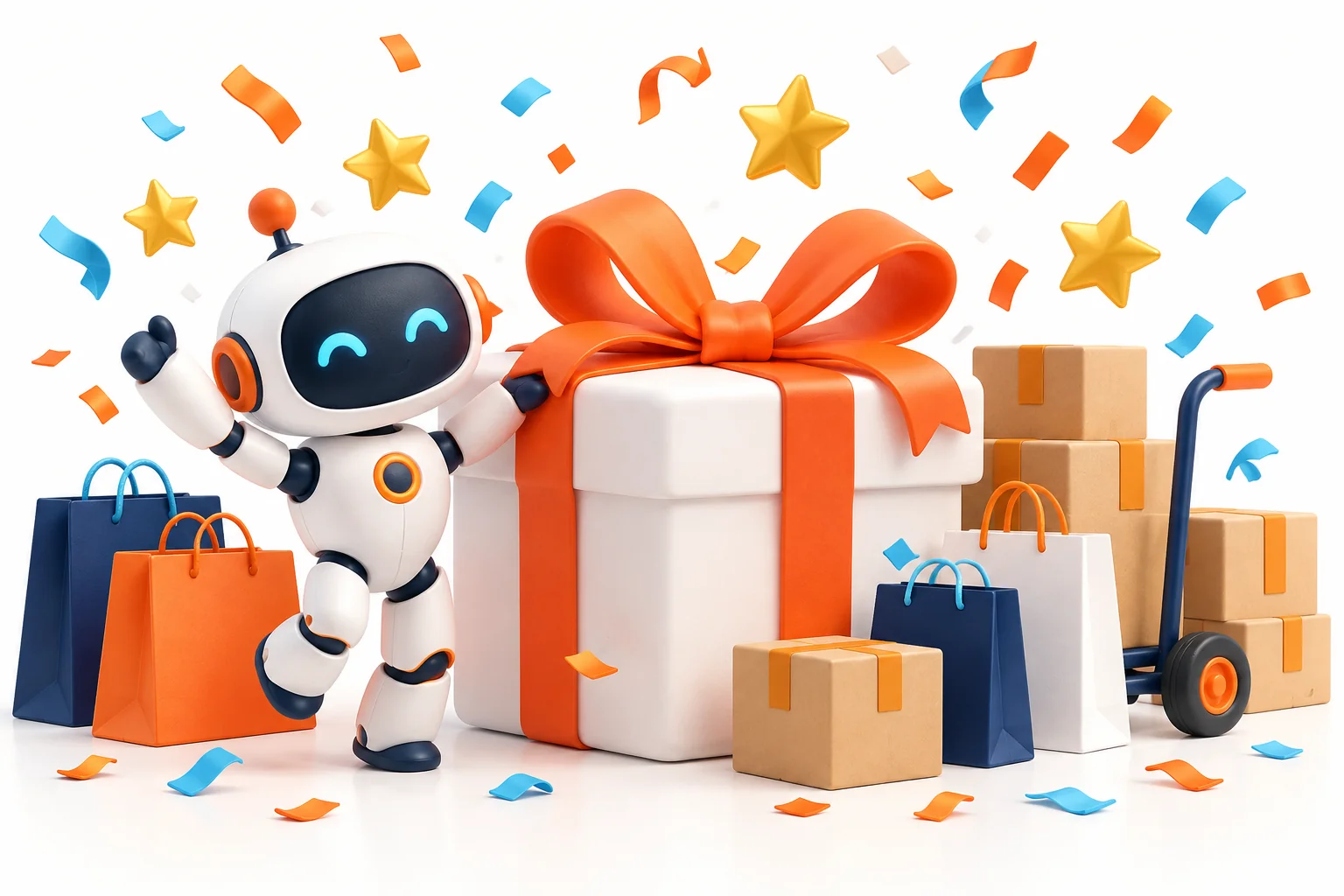 ギフトボックスと紙吹雪でShopStarのスタートを祝うロボットのイラスト