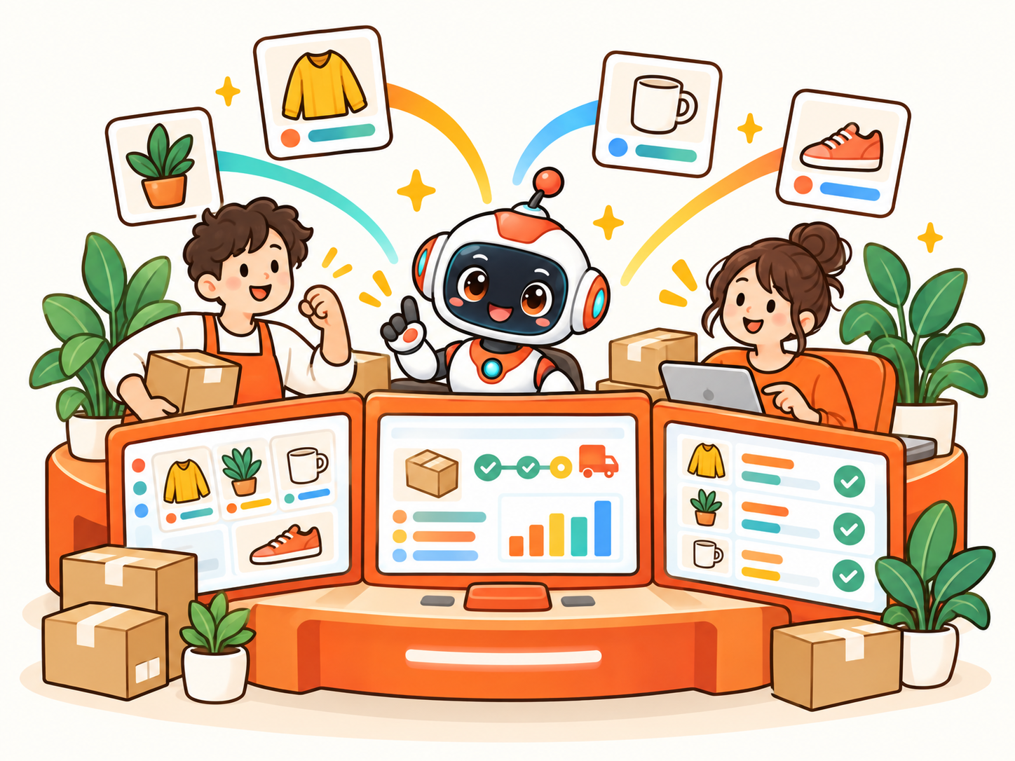 ShopStarのロボットとスタッフが、カラフルな操作卓で商品・注文・在庫をまとめて管理するイラスト
