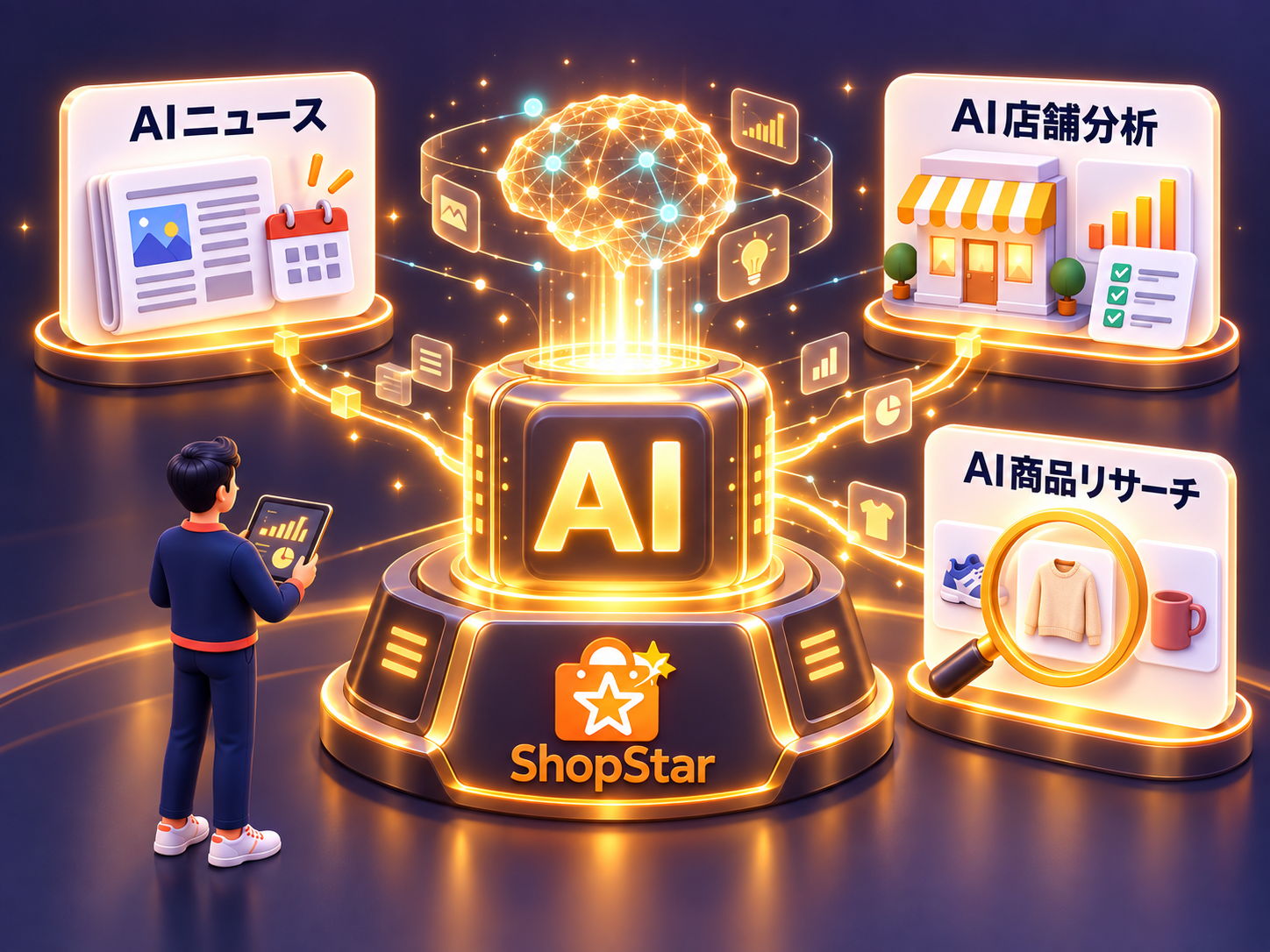 大きなAIチップと光るニューラルネットワークから、AIニュース・AI店舗分析・AI商品リサーチへつながる、ShopStarのAIマーケティングを表現したゴールド系の立体イラスト